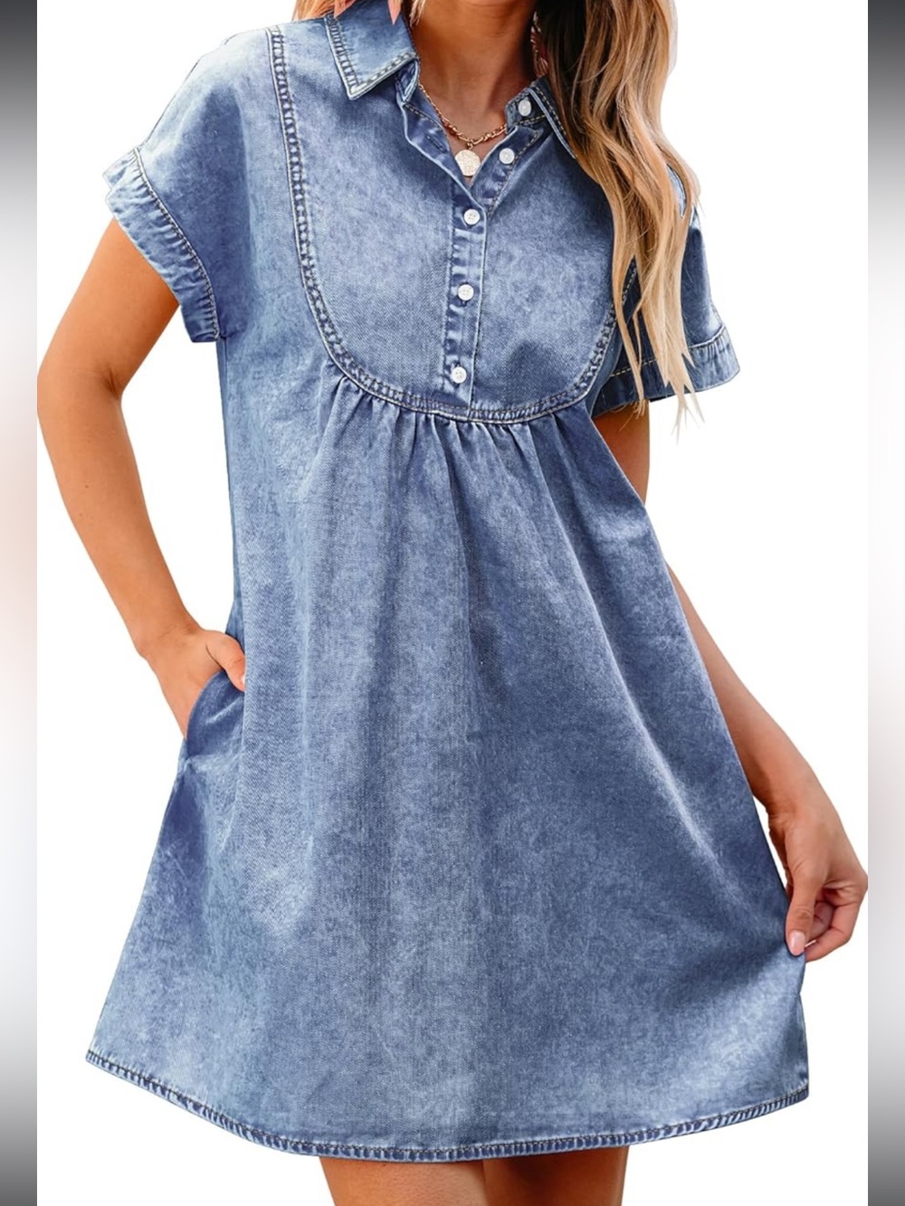 Blue Denim Mini Shirt Dress - Casual Collared Summer Dress - Picture 8 of 9